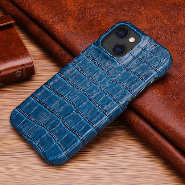 Kotelo iPhone 14PLUS -puhelimelle, sininen krokotiilikuvioinen lehmännahka, erittäin ohut