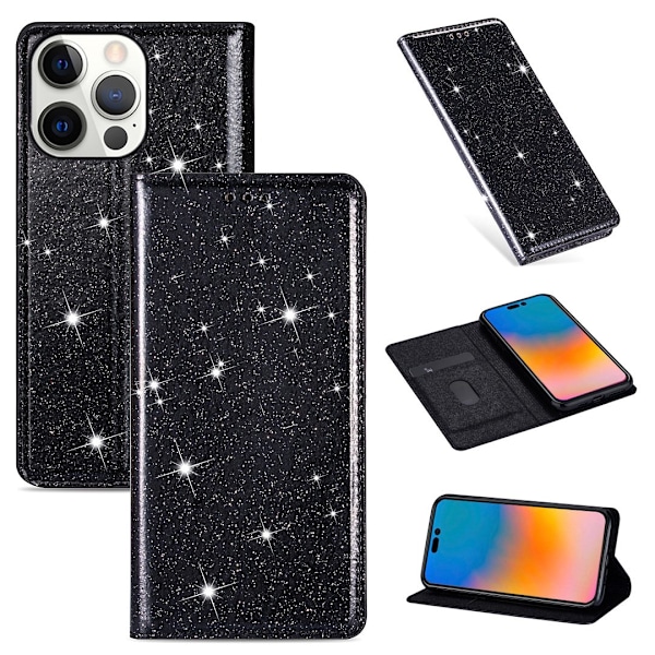 Etui til iPhone 14promax Flash Sort glitter Magnetisk Flip Wallet med Kortholder