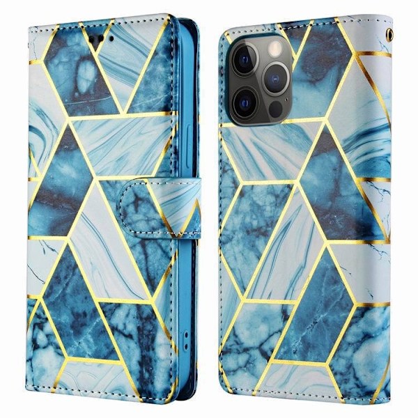 Etui til iPhone 14PRO blå guld marmormønster pung med kortholder geometrisk