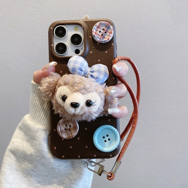 Etui til iPhone 16PROMAX Brun Polka Dots + Plys Duffy Bjørn Knap + Armbånd læder mønster plys Duffy bjørn blød