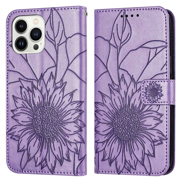 Kotelo iPhone 13/14:lle, vaaleanvioletti 3D-kohokuvioitu auringonkukkaro lompakko korttipaikalla