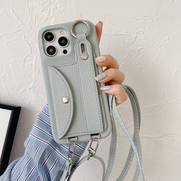 Etui til iPhone 14plus Kortholder Håndledsrem Crossbody Grå Blå Læder kortholder, håndleds crossbody