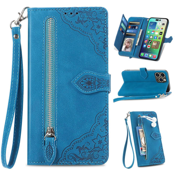 Etui til iPhone 16 Pro Max blå lynlåspung med kortholder flip