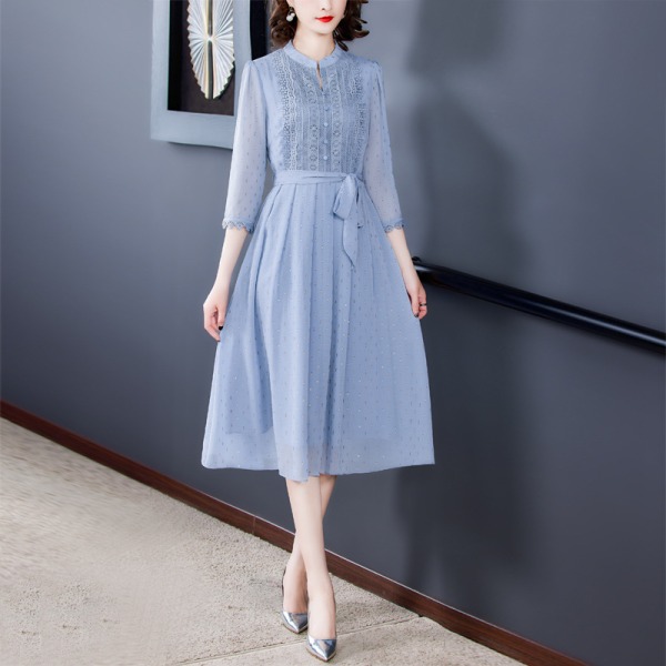 Chiffong Spetsklänning Dam Elegant Slim Fit Tunn över knäet Medellängd Light Blue XL