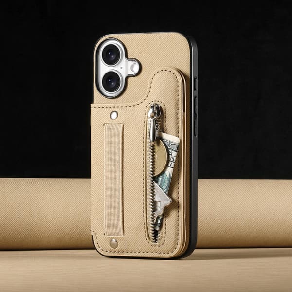 Etui til iPhone 16 Khaki Lær Flip Kortholder Elastisk Snor Håndleddsbånd