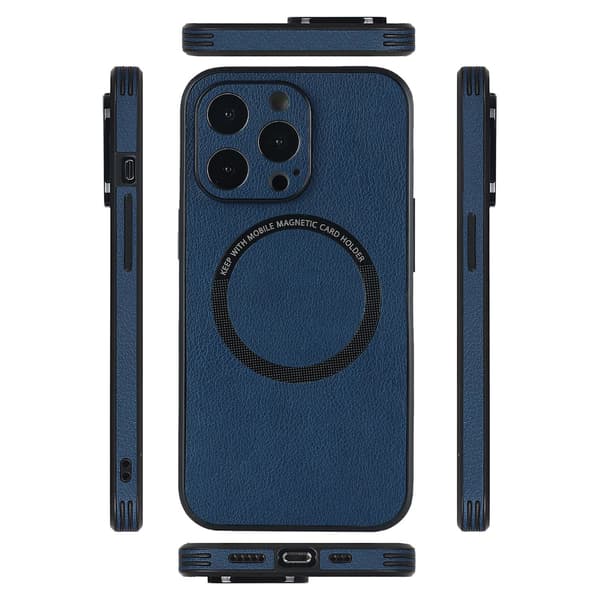 Etui til iPhone 15 Pro Navy læder magnetisk trådløs oplader kreativ