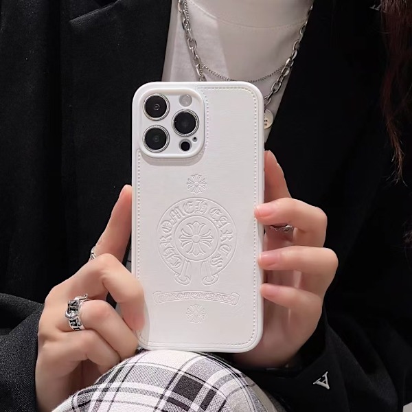 Etui til iPhone 16 Pro Hvid blomst krokus hjerte Klassisk presset læder Chrome Hearts Fuld-krops læder Tekstureret blød