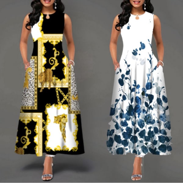 Ärmlös damklänning med blommig print svängklänning Bohemisk retro lång klänning WX-3# 5XL