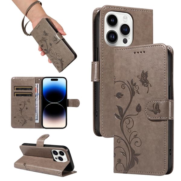 Fodral för iPhone 15 Pro Max Grå + läderarmband 3D Präglat Mandelblomsträd Plånbok med Korthållare
