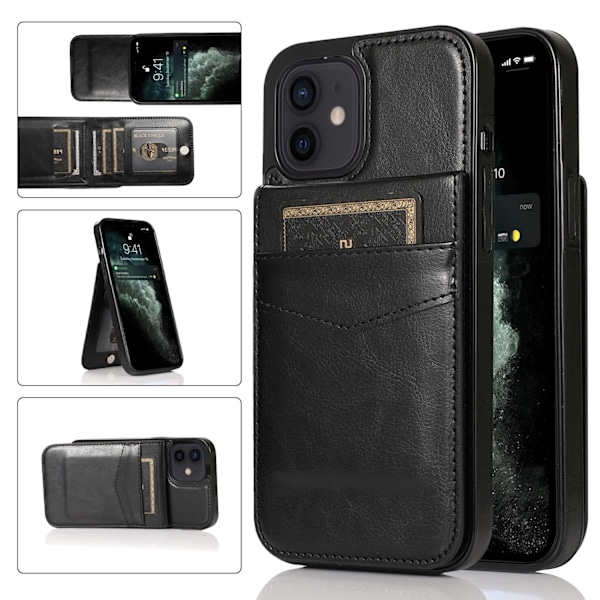 Etui til iPhone 15 Pro, sort, enkelt stativ, pung med kortholder, flip-pung med kortholder