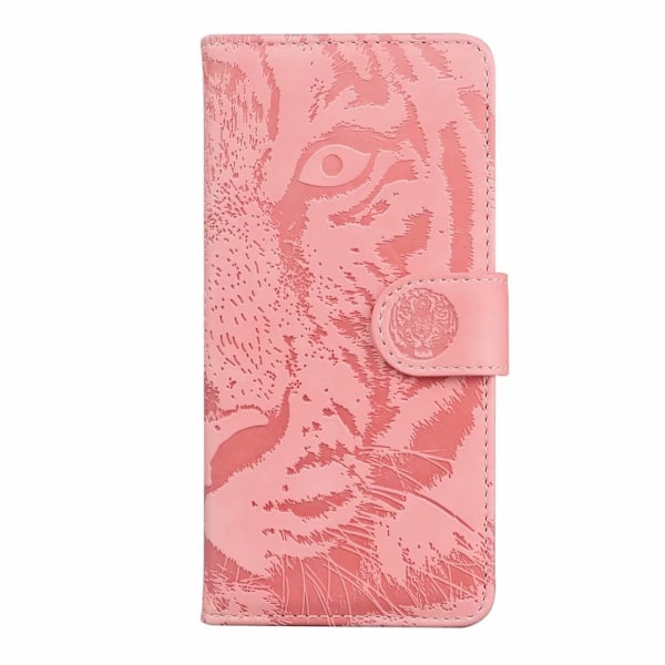 Fodral för iPhone 14 rosa 3D-präglad tiger mjukt plånboksfodral med korthållare