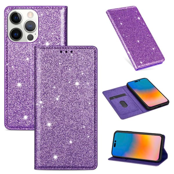 Etui til iPhone 15plus Lilla glitter Magnetisk Flip Lommebok med Kortholder