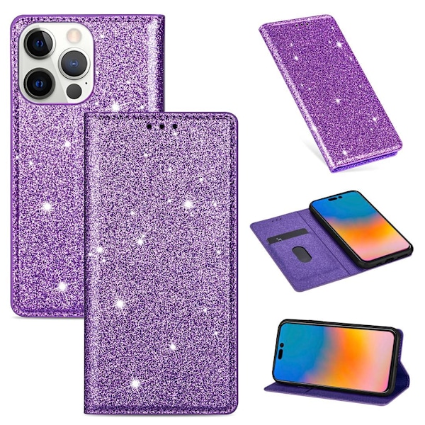 Kotelo iPhone 15plus -puhelimelle, violetti glitteri, magneettinen läppälompakko korttipidikkeellä