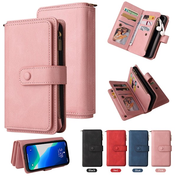 Etui til iPhone iPhone 15plus pink lynlås kortpung med kortholder Multi-kort Soft-Touch læder
