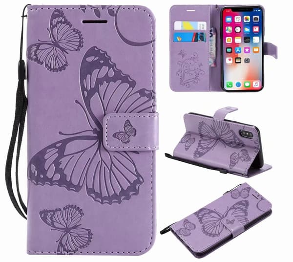 Etui til iPhone 15 Plus Lilla 3D-preget sommerfuglpreget lommebok med kortholder Flip
