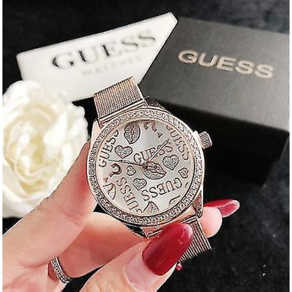 Ny Guess Graffiti Rose Gold Rostfritt stål Mesh Armband Watch Mode Casual Wanita Jam Silver