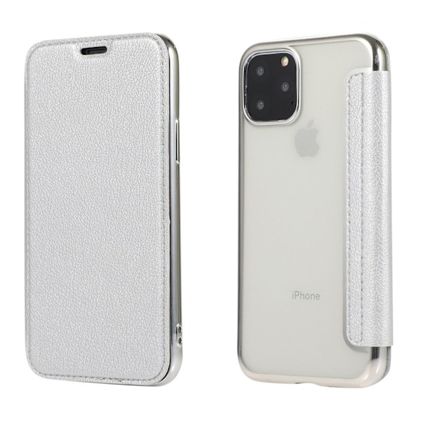 Kotelo iPhone 14:lle, hopeinen Flip-galvanointirengas, läpinäkyvä lompakko korttipidikkeellä