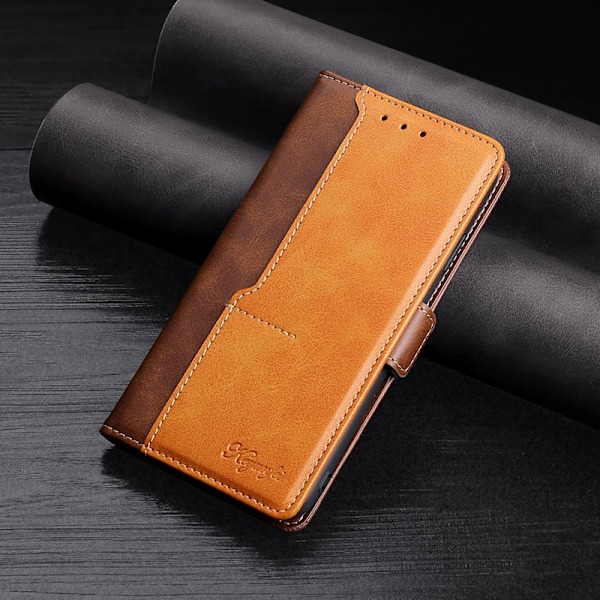 Fodral för iPhone 14 Pro Mörkbrun + guld Flip-stativ