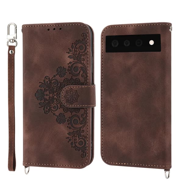 Etui til iPhone 14 Plus Brun + armbånd Soft-Touch 3D-preget lommebok med kortholder Flip