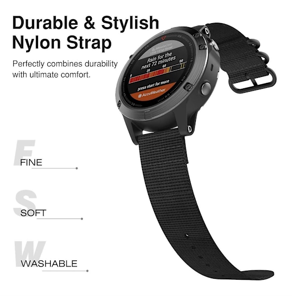 Sort Sort kompatibel med Garmin Fenix 5 22mm Tre-rings Nylon Klokkereim