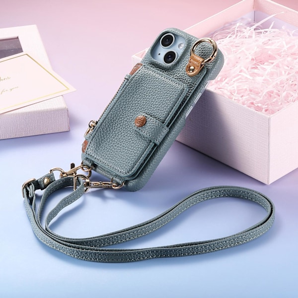Etui til iPhone 13 Pro Max blått skinn sminkespeil lang stropp lommebok med kortholder