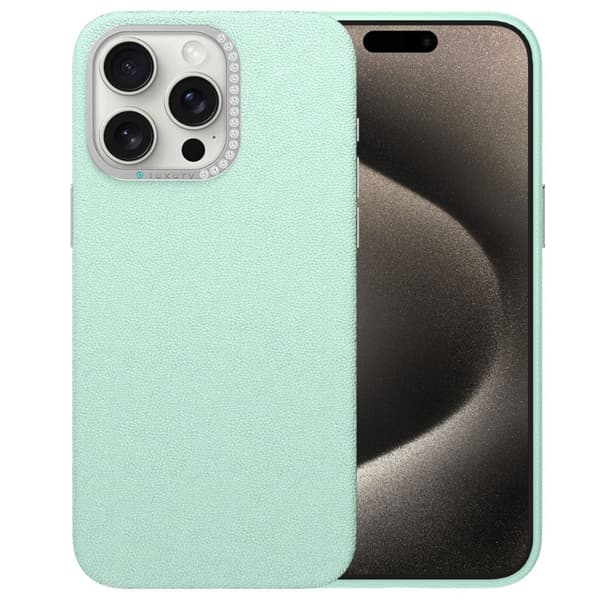 Etui til iPhone 15 Pro Max Lyseblå Diamantlinse Enkel lærtekstur klassisk