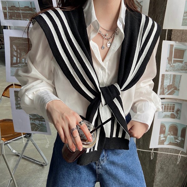 Dame falsk krage Avtakbar halv strikket sjal Stripet Desi Lake Blue