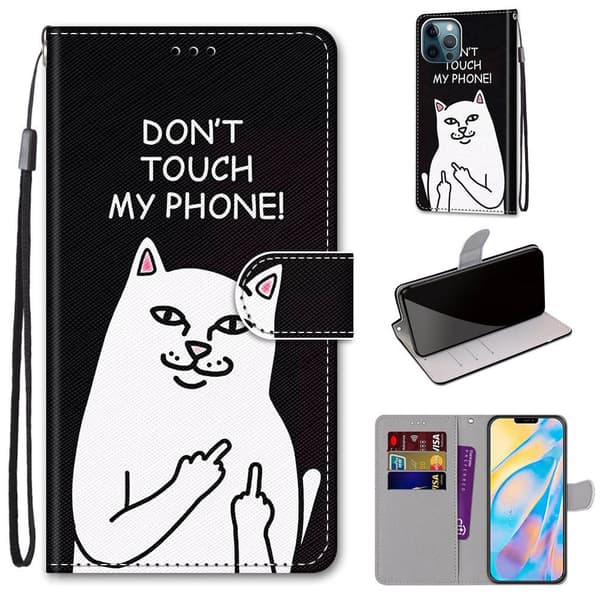 Fodral för iPhone 15 Pro Max, vit katt med långfinger, målad plånbok med kortfack