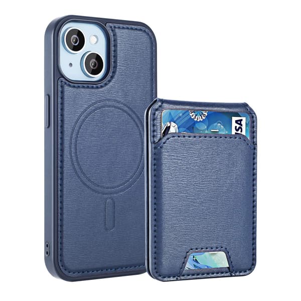 Etui til iPhone 15plus Blå Magnetisk Kortholder Pebbled Magnetisk Tegnebog med Kortholder