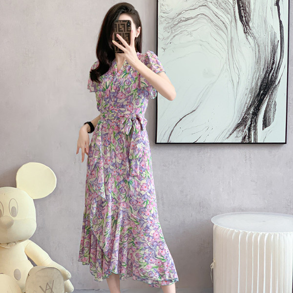 Fransk kortärmad V-ringad printed klänning Fishtailkjol semesterstil Pink purple XL