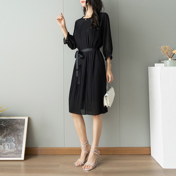 Plisserad klänning Dam med rund hals Midja-tight svart midiklänning Black S  707a | Black | S | Fyndiq