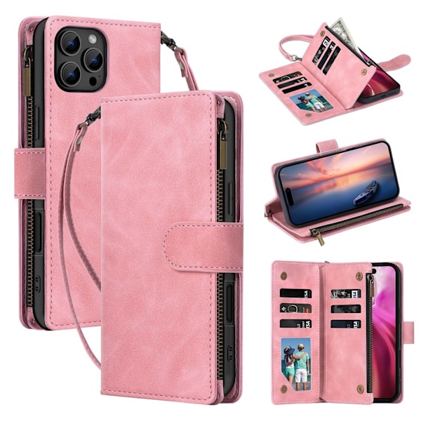 Fodral för iPhone 15PRO rosa Soft-Touch multi-kort dragkedjeväska
