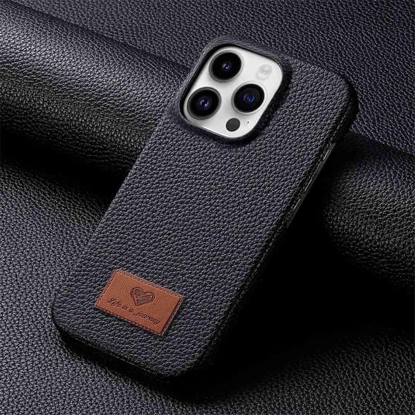 Etui til iPhone 15 Plus sort læder half pack Pebbled small clear skin