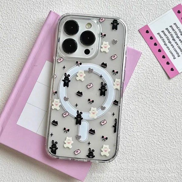 Fodral för iPhone 14 Plus Magnetiskt telefonfodral Tecknad kuvert kanin magnetisk korthållare läder mjuk