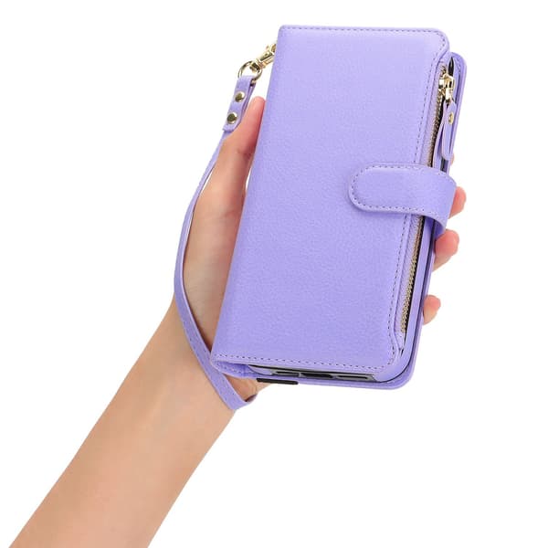 Etui til iPhone 15 Pro Max Lilla Pebbled glidelås håndleddsveske
