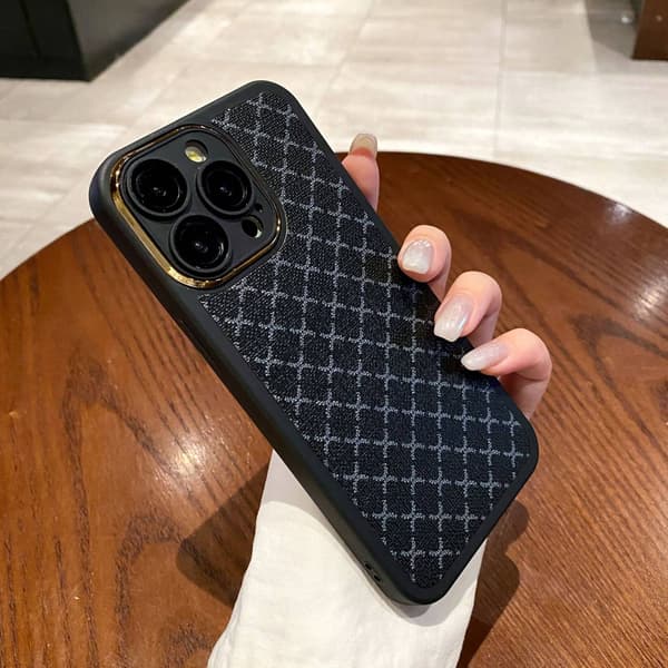 Etui til iPhone 16 plus sort diamantmønster galvaniseret cirkellinsefilm high-end lædermønster