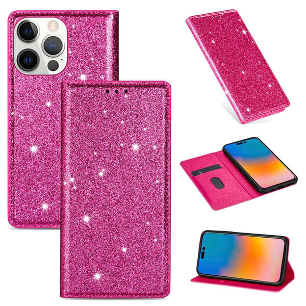 Etui til iPhone 14max Rosarød glitter Magnetisk Flip Wallet med Kortholder