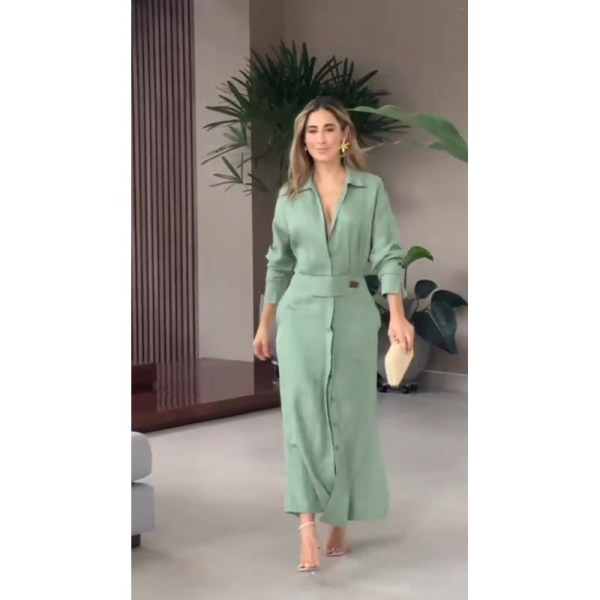 Elegant enfärgad mid-midja långärmad klänning Green S