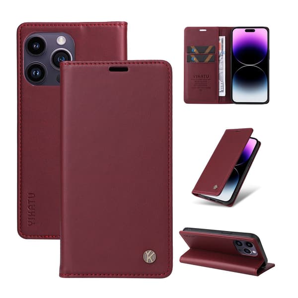 Etui til iPhone iPhone 15 plus Vinrød Almindelig Magnetisk Flip Wallet med Kortholder