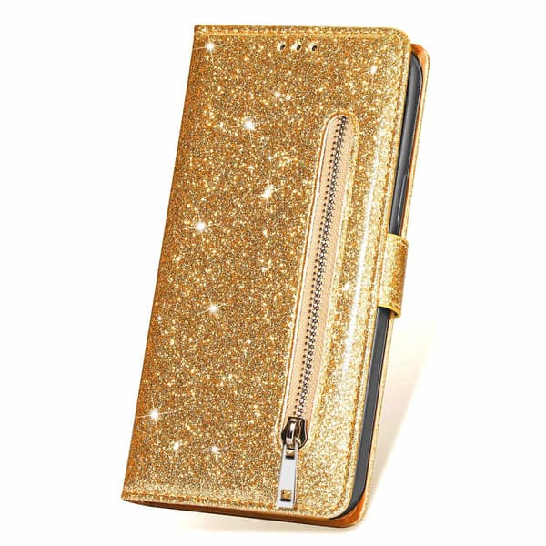 Etui til iPhone 14 6.1 guld glitter lynlåsrem pung med kortholder