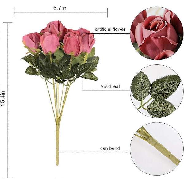 3 Kimppua Keinotekoisia Kukkia Silkki Ruusujen Nuppuja Realistinen Kimppuasetelma Koristeluun Häihin Juhliin Pöytäkoristeeksi (Punainen) Dusty Pink