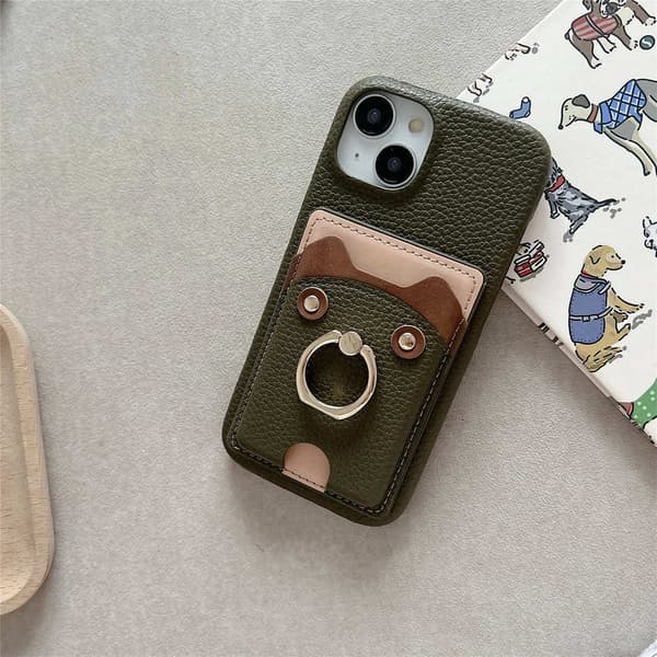 Etui til iPhone 13 Pro Max Midnight Green Lær Søt Bjørn Pebbled