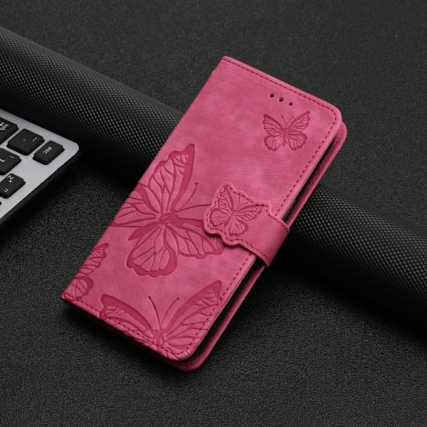 Kotelo iPhone 13 MINI:lle, ruusunpunainen perhoskuvioitu 3D-kohokuvioitu lompakkokotelo korttipidikkeellä