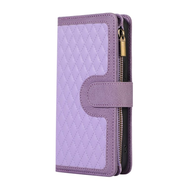 Fodral för iPhone 14 Plus Taro lila utan snodd diamant crossbody dragkedja Plånbok med korthållare Flip