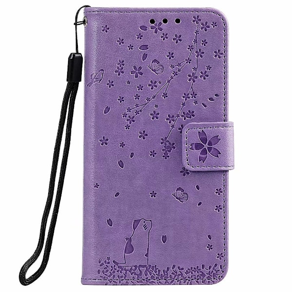 Kotelo iPhone 15 Prolle, vaalean violetti Sakura-kissa, 3D-kohokuvioitu lompakko korttipidikkeellä ja läpällä