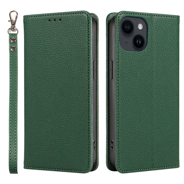 Vihreä iPhone 14 Plus -kotelo, jossa magneettinen läppä ja kivikuvio
