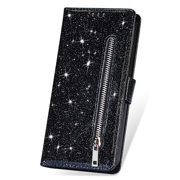 Etui til iPhone 13 mini Flash Sort glitter lynlåsrem pung med kortholder