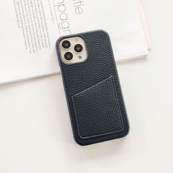 Etui til iPhone 15 sort Pebbled Wallet med kortholder klassisk half pack