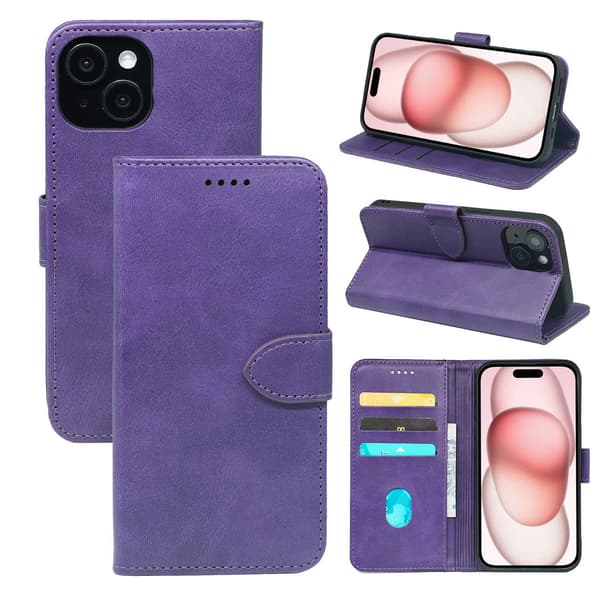 Fodral för iPhone iPhone 14 Plus 6.7 Lila Kalvläder framspänne
