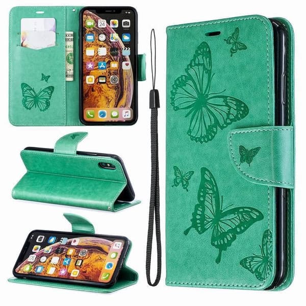 Etui til iPhone 13 Pro Max grøn sommerfugl 3D præget flip wallet med kortholder
